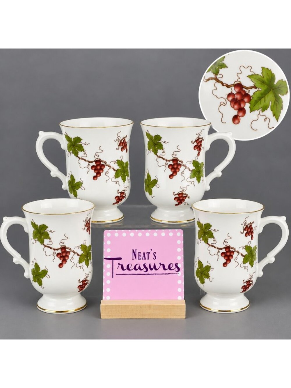 Royal Victoria ROV1 Fine Bone China Red Grapes Green Leaves Pedestal Mugs Set 4